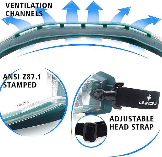 UKNOW Safety Goggles Over Glasses - Anti-Fog Clear Lens - ANSI Z87.1 Certified Eye Protection for Lab Work, Industrial Use