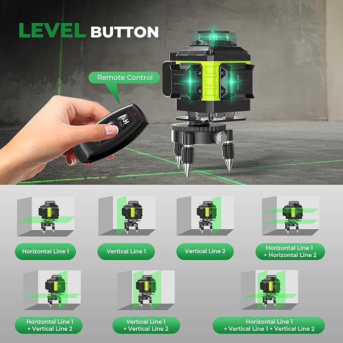 16 Line Laser Level 360 Self Leveling, 4x360°Professional 4D Green Cross Line laser Level with 2 Batteries, Adjustable Brightness & Remote Control, for Tiling Floor Construction and Picture Hanging