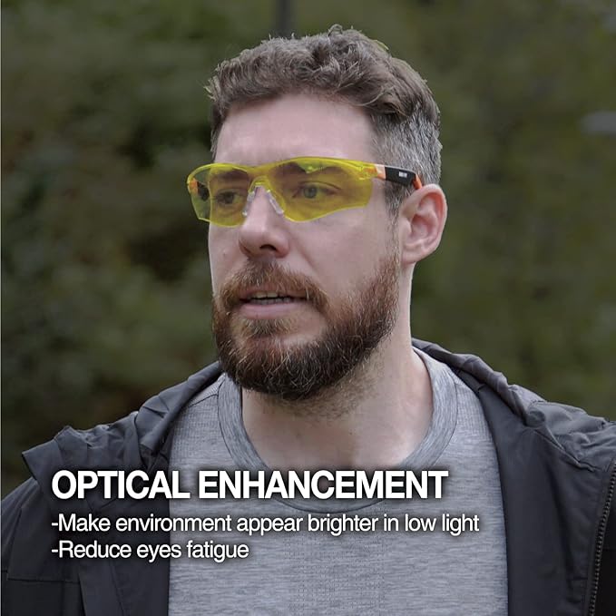 DEX FIT Safety Glasses SG210, Z87 Eye Protection, Anti-Fog & Scratch Resistant, Adjustable for Women and Men, Blue Light Blocking & UV Protection (Black & Blue Frame, Yellow Lens)