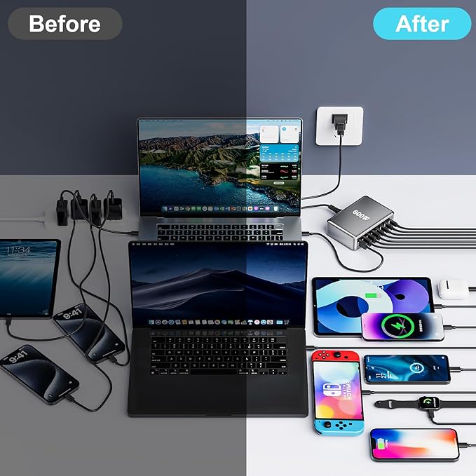 600W Fast USB C GaN Ⅲ Pro Charger Block,8 Port Charging Station,Dual 140W PD3.1 PPS Fast Charging Station for Multiple Devices Laptop Wall Charger Compatible with MacBook/iPhone 16/iPad etc