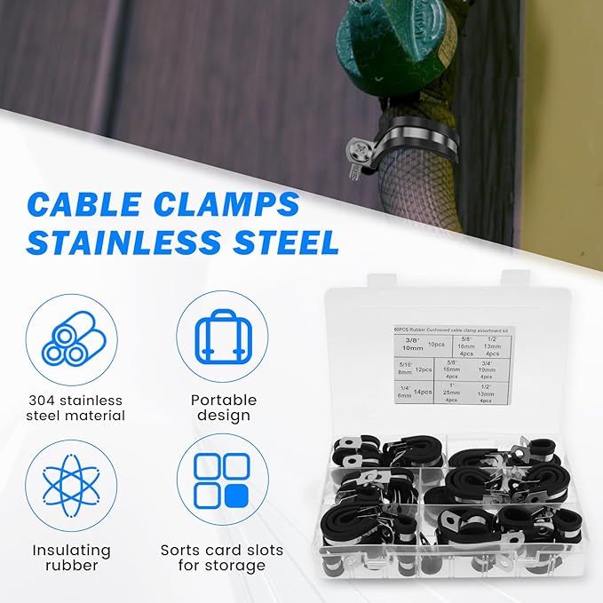 180 Pcs Cable Clamps Assortment Kit, 7 Sizes 304 Stainless Steel Metal Cable Clamp 1/4" 5/16" 3/8" 1/2" 5/8" 3/4" 1" Insulated Wire Clamps Cushion Rubber Coated Pipe Hose Clamp for Pipes and Hoses