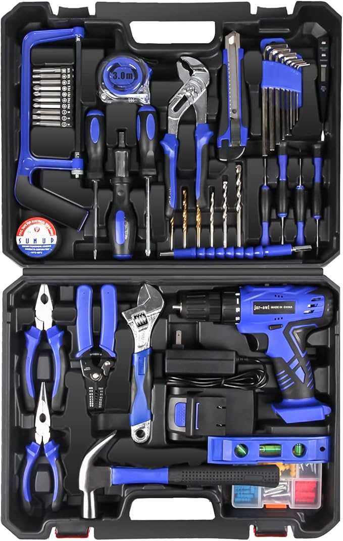 jar-owl 21V Tool Set with Drill, 350 in-lb Torque, 0-1350RMP Variable Speed, 10MM 3/8'' Keyless Chuck, 18+1 Clutch, 1.5Ah Li-Ion Battery & Charger for Home Tool Kit