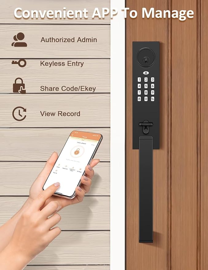 Smart Entry Door Lock Set, Electronic Full Escutcheon Door Handle, Digital Keypad Deadbolt with App, Heavy Duty Black Front Door Handle with Single Cylinder Deadbolt, Auto Locking
