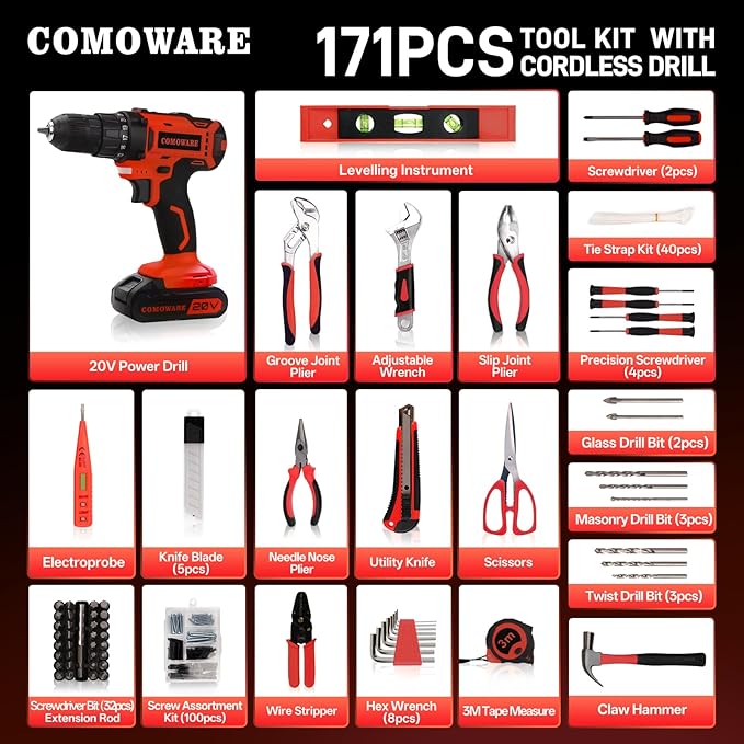 COMOWARE 171-Piece Home Tool Kit with Drill, 20V Cordless Power Drill Combo Set, Complete Household Repair Tools for Men & Women in Garden, Office, DIY Projects