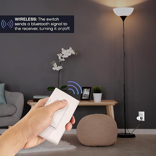 RunLessWire Wall Plug Bluetooth Battery-Free Wireless Light Switch Kit 30ft BLE Range Self-Powered by Kinetic Energy for Easy Control of Outlets: 1 Remote Switch Controls 1 Plug-in Receiver - White