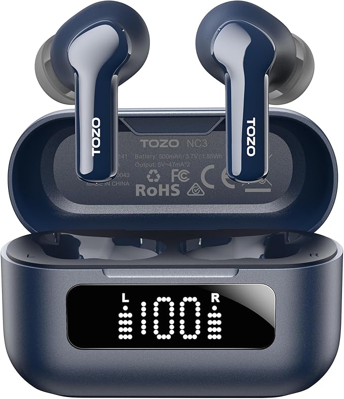 TOZO NC3 Hybrid Active Noise Cancelling Wireless Earbuds with 6 Mics AI Clear Call Ear Buds 55H Playtime with LED Display 32 Preset EQs via APP Bluetooth 5.3 IPX8 Waterproof in Ear Headphones