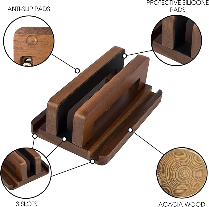 S&A WOODCRAFT 3 Slots Acacia Wood Vertical Laptop Stand, Adjustable Wooden Laptop Holder, Non-Slip Laptop Dock Compatible with Apple MacBook, Microsoft Surface, Gaming Laptops, IPad, Tablets
