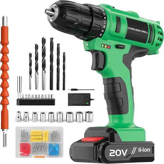 Cordless Drill Set, 3/8 Drill Handheld Screwdriver Kit with 18+1 Torque Setting, 20V Electric Drills Tools Bit, LED Electric Power Drills with Battery and Charger, 1 Battery