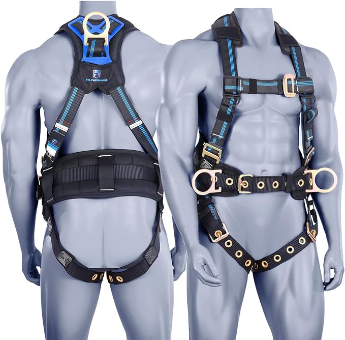Fall Protection 5pt Full-Body Safety Harness, Vented & Padded Shoulder, Back & Legs, 8” Thick Back Support, Tongue Buckle, D-Rings, Grommet Leg Straps & Waist Belt (OSHA/ANSI Rated PPE)
