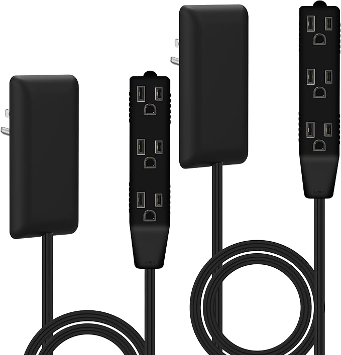 LIDER Flat-Face Outlet Extender with 3 Receptacles, Ultra-Thin Wall Plate Plug with Cord Extender and 3-Outlet Power Strip, 3ft Cord, LWE3-315-BK2P, ETL-Listed, Black, 2 Pack