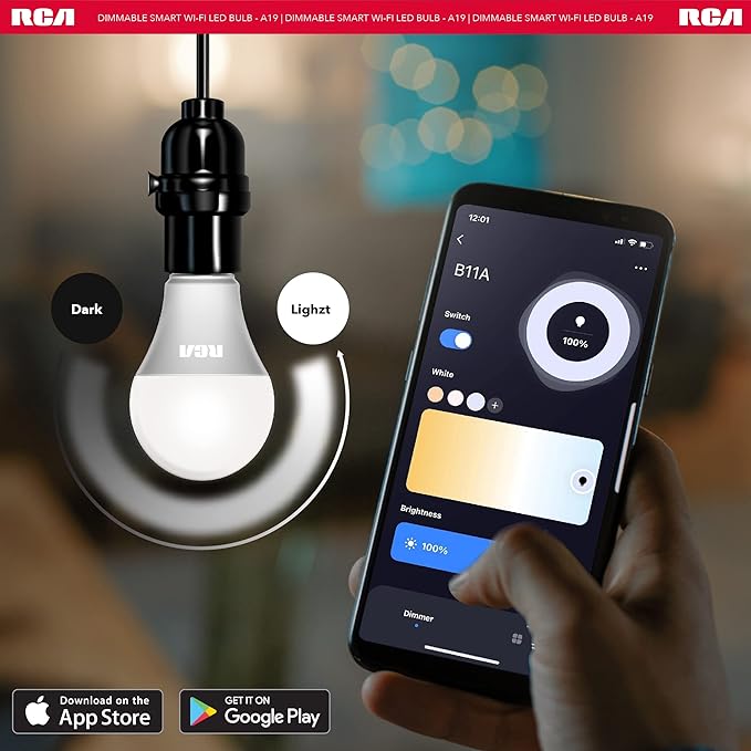 RCA Smart Light Bulbs, WiFi LED Light Bulb, Dimmable LED Lights, Dimmable 800 Lumens 10W (60W EQ A19), Compatible with Alexa and Google, Control from Anywhere with Smartphone, 2700K Soft White, 1-PK
