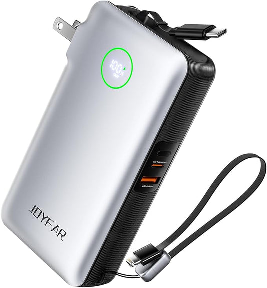 Portable Charger Power Bank - Battery Pack 35W AC Plug GaN 10000mAh Built in Cable USB C Phone Fast Charging Powerbank Compatible with iPhone 16 15 14 13 12 11 X iPad MacBook Samsung (White)