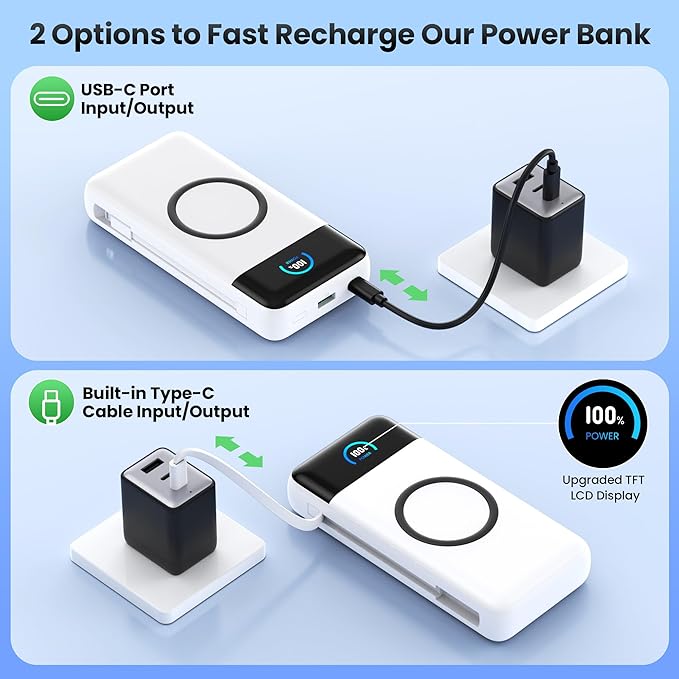 Wireless Portable Charger 40800mAh with Built-in Cables, 15W Wireless Charging USB C Power Bank, 25W PD QC 4.0 5 Outputs TFT LCD Display Battery Pack for iPhone 16/15/14/13/12, Samsung, Android etc