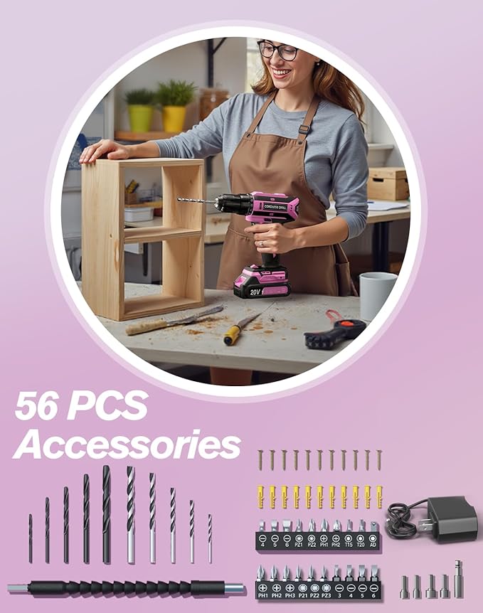 Pink Cordless Drill Set, 20V Max PowerDrill for Women, Lightweight ElectricDrill with Power Pack and Charger, 25 Position and 56 Pcs Accessoires, Womens Drill Tools Kit for House