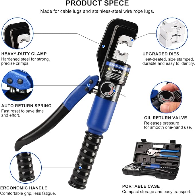 Solsop Hydraulic Crimping Tool 10 Ton with 9 Hex-Dies, 12–2/0 AWG Battery Cable Crimper with Cable Cutter for Copper, Aluminum Cable Lugs