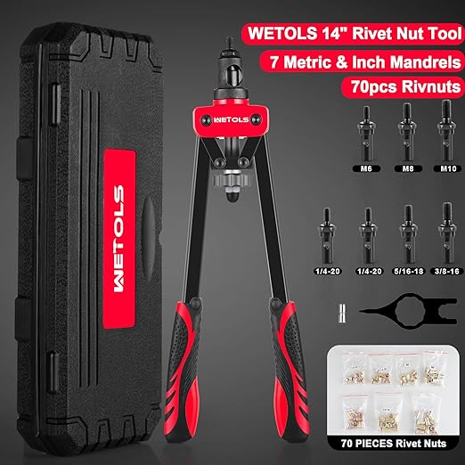 WETOLS Rivet Nut Tool Kit, 14-Inch Rivnut Tool with 7 Metric and SAE Mandrels, Professional Hand Riveter with 70Pcs Rivnuts Assortment Kit, Manual Rivet Nut Gun with Rugged BMC Case