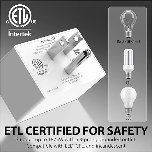 Fosmon Wireless Remote Control Electrical Outlet Switch (2 Pack) - ETL Listed, (15A, 125V 1875W) Remote Light Switch Outlet Plug with Braille (On/Off) Mark for Lamp, Lights, Fans, Expandable