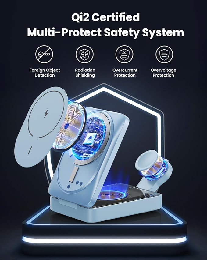 3-in-1 Wireless Charger Charging Station for iPhone, Qi2 Certified 15W Fast Charging Foldable Magnetic Charger Stand with 30W USB C Adapter for MagSafe iPhone 16/15/14/13/12, Apple Watch, AirPods