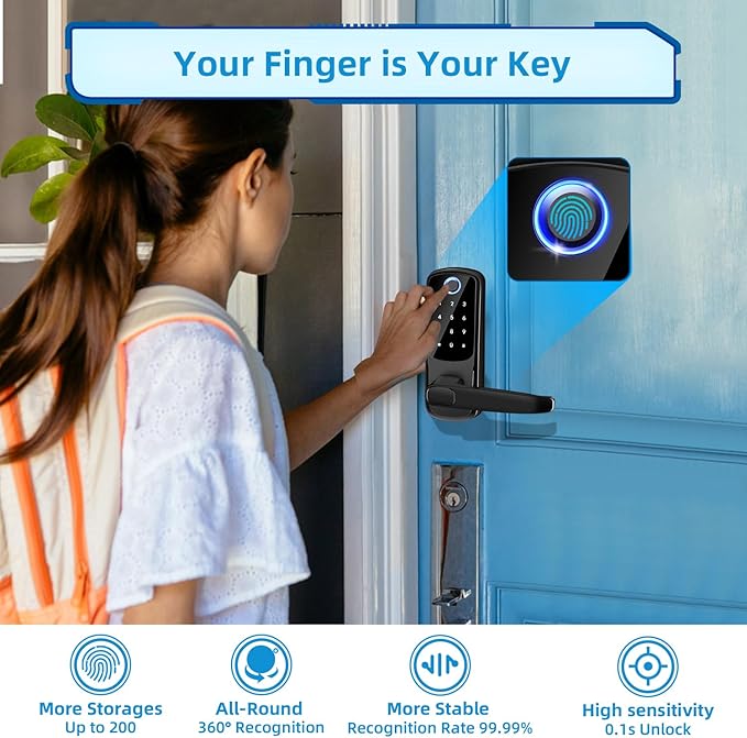 Smart Door Lock with Handle, Keyless Entry Digital Lock for Front/Interior Door,Fingerprint Exterior Locks, Electronic Deadbolt with Keypad,Biometric Door Knob,Smart Locks for Home, Apartment, Office