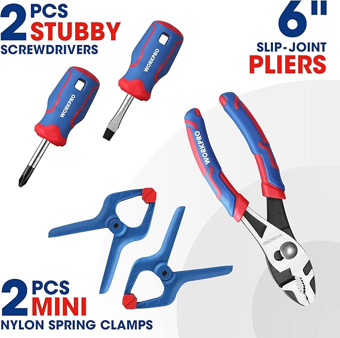 WORKPRO Kids Real Tool Set with 12 Inch Steel Tool Chest with Wheels, 10PCS Boys First Tool Set with 2 Drawers Blue Metal Rolling Tool Chest, Kids Woodworking Tools for DIY, Home Repair