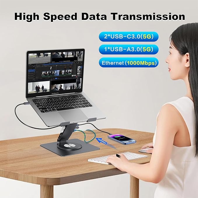 Laptop Docking Station for MacBook Pro/Air/Dell/HP/Surface HC 11-in-1 USB C Hub 360°Rotatable Laptop Stand with USB Hub 4K HDMI USB 3.0 PD100W 3.5mm Audio Jack RJ 45 TF/SD Reader Universal Laptop Dock