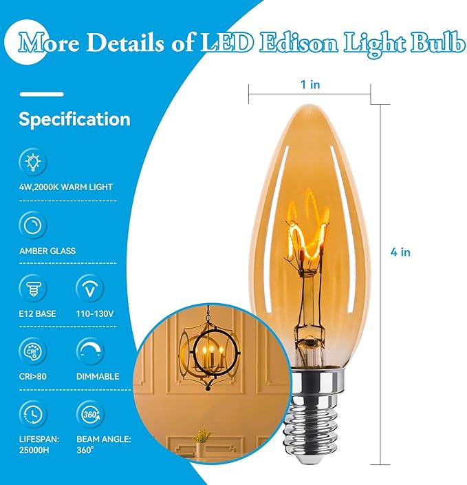 25 Watt Candelabra Bulbs, Dimmable E12 Chandelier Bulb, Ultra-Fine Filament Candelabra LED Bulbs 2W Equal 25W Vintage Amber Light Bulbs 2000K Soft Warm, 6 Pack