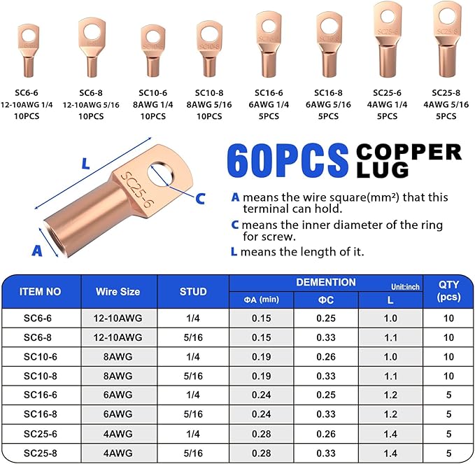 Sanuke Battery Cable Lug Crimping Tool for AWG10-1/0, Wire Terminal Crimper with 60pcs Copper Wire Lugs and Heat Shrink Tubing, Electrical Lug Wire Crimping Tool
