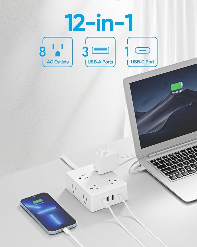 2 Prong Flat Plug Power Strip, Olcorife 2 Prong to 3 Prong Outlet Adapter, 5 FT Flat Extension Cord with 8 Outlets 4 USB Ports(1 USB C), 2000J Surge Protector, US to Japan Plug Adapter