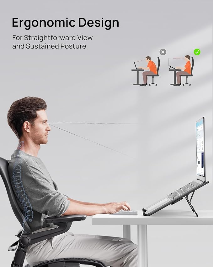 SODI Ultra Compact Foldable Laptop Stand - Portable Laptop Holder for Desk & Travel Use, Ergonomic Aluminum Computer Holder with Adjustable Height for MacBook, Tablet 10-16" (Dark Black, Bi-Fold)