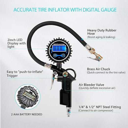 SPECSTAR 2 Pack Digital Tire Inflator with Pressure Gauge, Night Available 250 PSI Air Chuck and Compressor Accessories with Rubber Hose and Quick Connect Attachment for 0.1 Display Resolution
