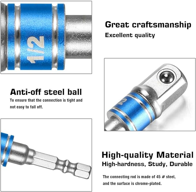 Impact Grade Socket Adapter/Extension Set Turns Power Drill Into High Speed Nut Driver,1/4-Inch Hex Shank to Drive for Adapters to Use with Drill Chucks, Sizes 1/4" 3/8" 1/2", Cr-V, 3-Piece