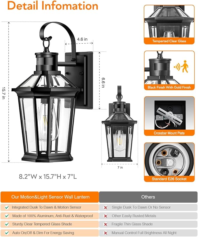 VIANIS Motion Sensor Outdoor Wall Lantern, Black Waterproof Dusk to Dawn LED Exterior Wall Sconce, Anti-Rust Aluminum Modern Outside Porch Light Wall Mount for House, Garage, Entryway 2 Pack