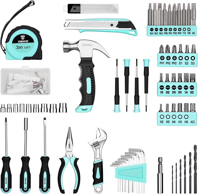 DEKOPRO 8V Cordless Drill Set: 126 Piece Tool Kit with Drill, Home Tool Set for Women, Turquoise