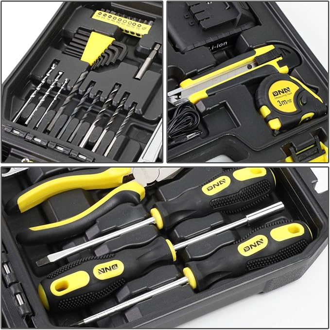 DNA MOTORING 46pcs 18V 1300mAh Cordless Drill Set, Drill Driver Home Tool Kits Combination Tool Set, Tool Kit with Drill For Home, DIY, Maintenance, Yellow, TOOLS-00019