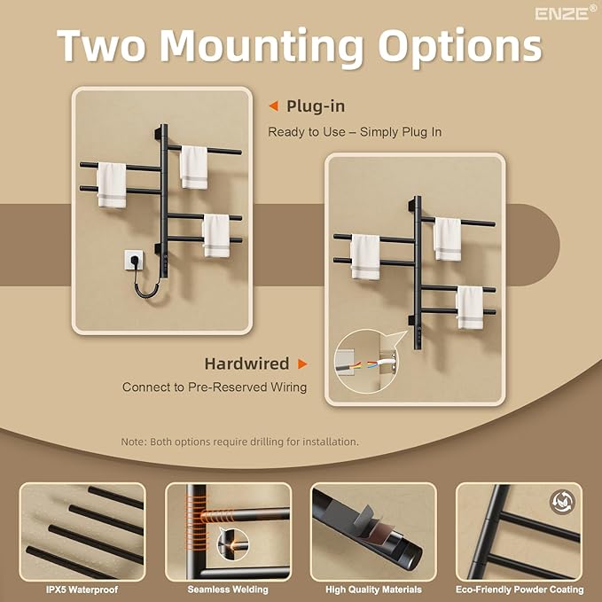 ENZE Smart Rotating Heated Towel Rack for Bathroom, Wall-Mounted Electric Towel Dryer with Swivel Bars, Smart Timer, Low Carbon Steel, IPX5, Plug-in/Hardwired, Towel Warmer with Wi-Fi App Control