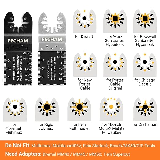 PECHAM Oscillating Tool Blade, 37PCS Universal Wood Metal Oscillating Multitool Quick Release Saw Blades Fit Porter Cable Black & Decker Rockwell Ridgid Ryobi Milwaukee DeWalt Chicago Craftsman