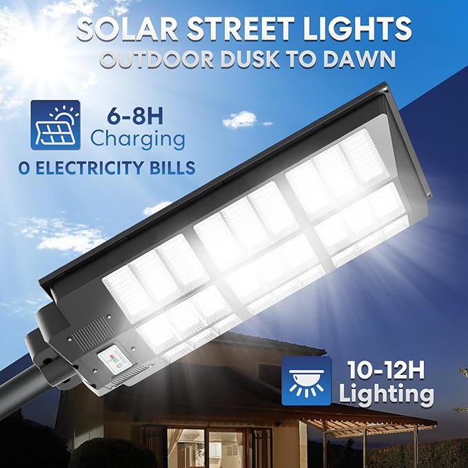 8500W Solar Street Lights Outdoor, 6500K IP66 Waterproof Solar Security Flood Lights, Commercial LED Parking Lot Lights Dusk to Dawn with Motion Sensor and Remote Control 2PACK