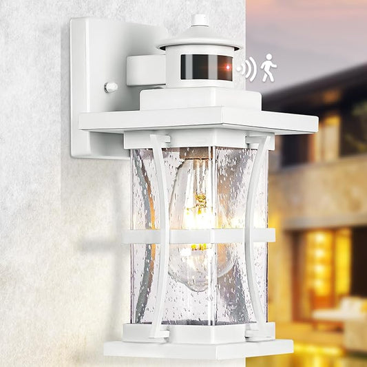 White Motion Sensor Outdoor Lights - Advanced Dusk to Dawn Outdoor Lighting, Waterproof Exterior Light Wall Mount Fixtures, Anti-Rust Porch Outside Lights Wall Sconce for House, Garage, Square