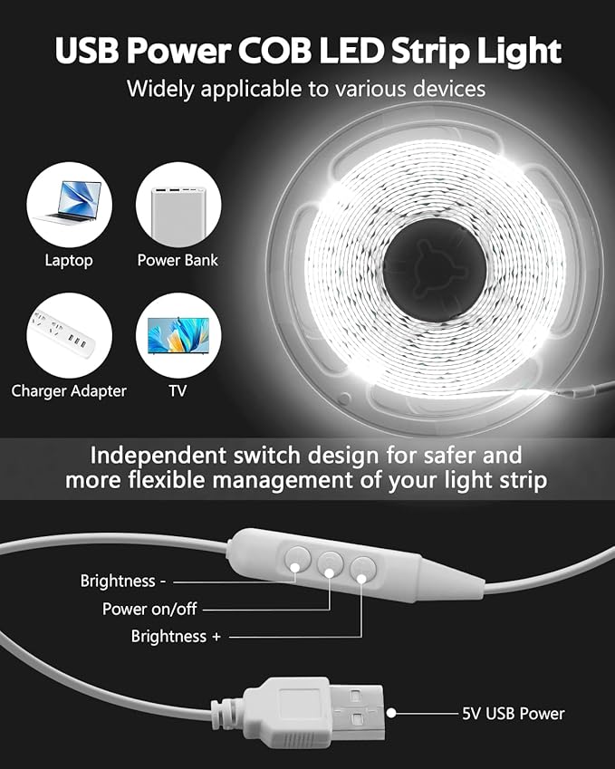 5V USB COB LED Light Strip Dimmable High Density White Light for TV 16.4FT 6000K 320LEDs/M Flexible LED Strip Lights USB Powered with Self -Adhesive for Bedroom Mirror TV Backlight Decor 5M