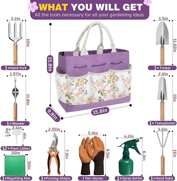 22Pcs Gardening Tools Set for Women Heavy Duty Garden Hand Tools Yard Work Tools Gardener Gifts Gardening Accessories with Tote Bag/Shovel/Mat/Plant Labels/Gloves