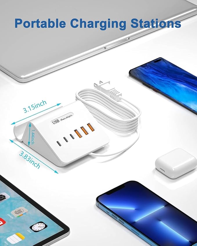 VHBW USB Charging Station, 6 Port 3USB-A and 3USB-C Charging Station for Multiple Devices, Multi USB Nightstand Charger Station with Phone Stand (ETL Listed, 6Ft Extension Cord, White)