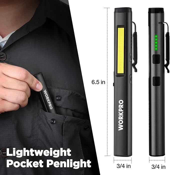 WORKPRO Flashlight Pen Light, Rechargeable Penlight with 365 nm UV Black Light, 450 Lumen LED Mini Pocket Flashlight, for Inspection, Work, Repair, Pet Secretion Detection