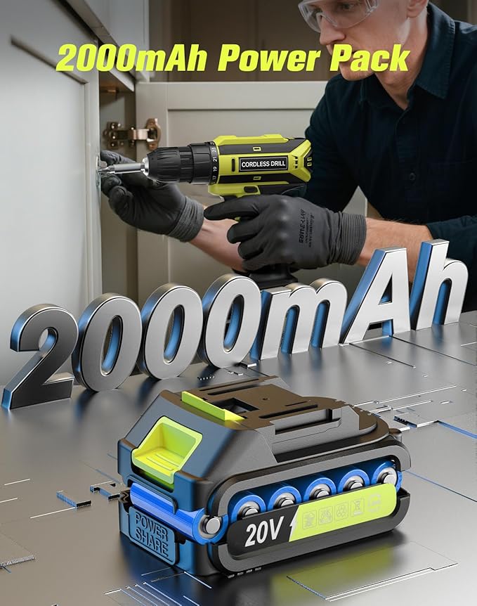 Cordless Drill, 20V MAX Power Drill Set with 2.0Ah Power Pack & Charger, 3/8 Inch Keyless Chuck, Variable Speed, 25+1 Position and 56PCS Bits/Screws, Power Tools for Home Projects