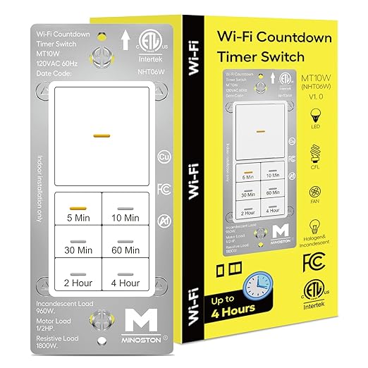 Minoston WiFi Timer Switch - Smart Countdown Timer, 5-15-30 Minutes/1-2-4 Hour, ON/OFF, Neutral Wire Needed, for Lights, Fans, Heaters, ETL Listed