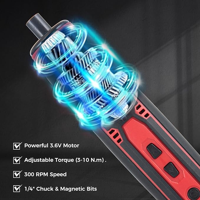 3.6V Cordless Impact Screwdriver Set with 1.5Ah Rechargeable Lithium Battery, 1/4" Chuck, 3-10 N.m Torque, 300RPM, Includes Magnetic Bits & Case – Electrician Tools