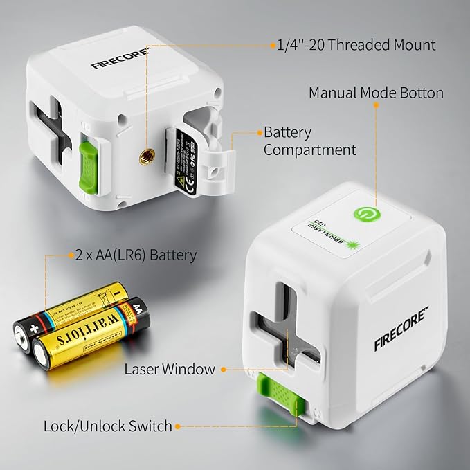 Laser Level with Tripod, Firecore 82Ft Green Self Leveling Cross Line Laser Measuring Leveler Tool for Hanging Pictures, DIY Indoor Project, 25" Tripod, Battery & Carry Pouch Included