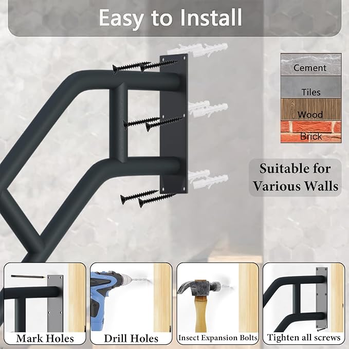 Upgraded Stair Handrails for 1-3 Steps, Wall Mounted Safety Grab Bar with Matte Finish, 27" Length Handrails for Outdoor and Indoor, Hand Rail with 2 Anti-Skid Crossbar Good for Elderly,Kids,Disabled