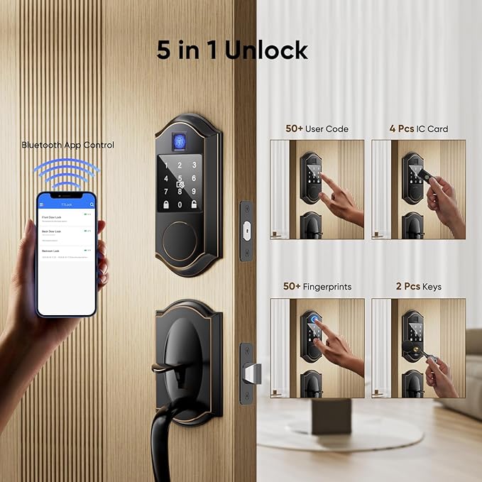 Fingerprint Smart Front Door Lock Set, Keyless Entry Door Lock & Front Door Handle Set, App Control, Digital Touchscreen Keypad, Smart Locks for Front Door, Easy Install, Oil Rubbed Bronze