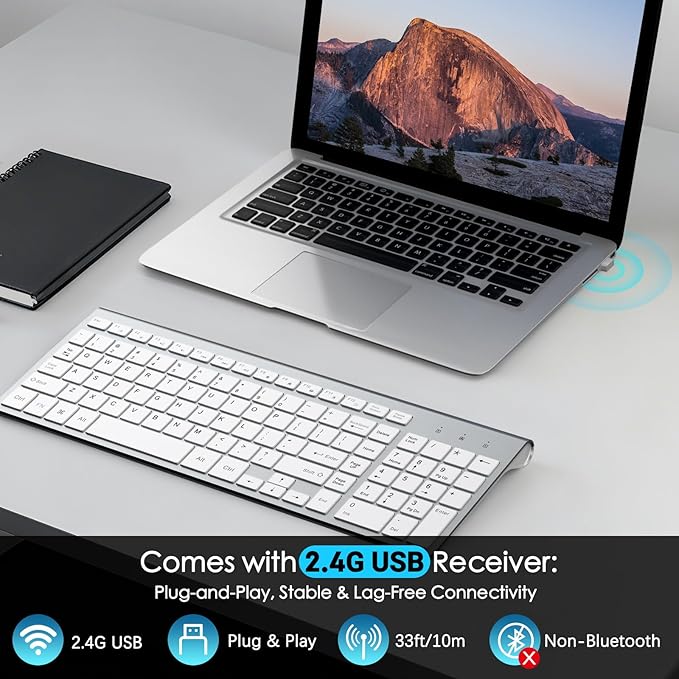 JOYACCESS Wireless Keyboard, 2.4G Slim and Compact Wireless Keyboard with Numeric Keypad for Laptop, MacBook air, Desktop, Computer, PC-Sliver&White