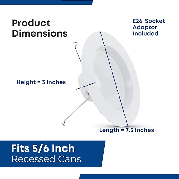 Feit Electric 5-6 inch LED Recessed Downlight - Pre-Mounted Trim - Standard Base Adapter - 5000K Daylight - Dimmable- 75W Equivalent - 45 Year Life - 925 Lumen - High CRI